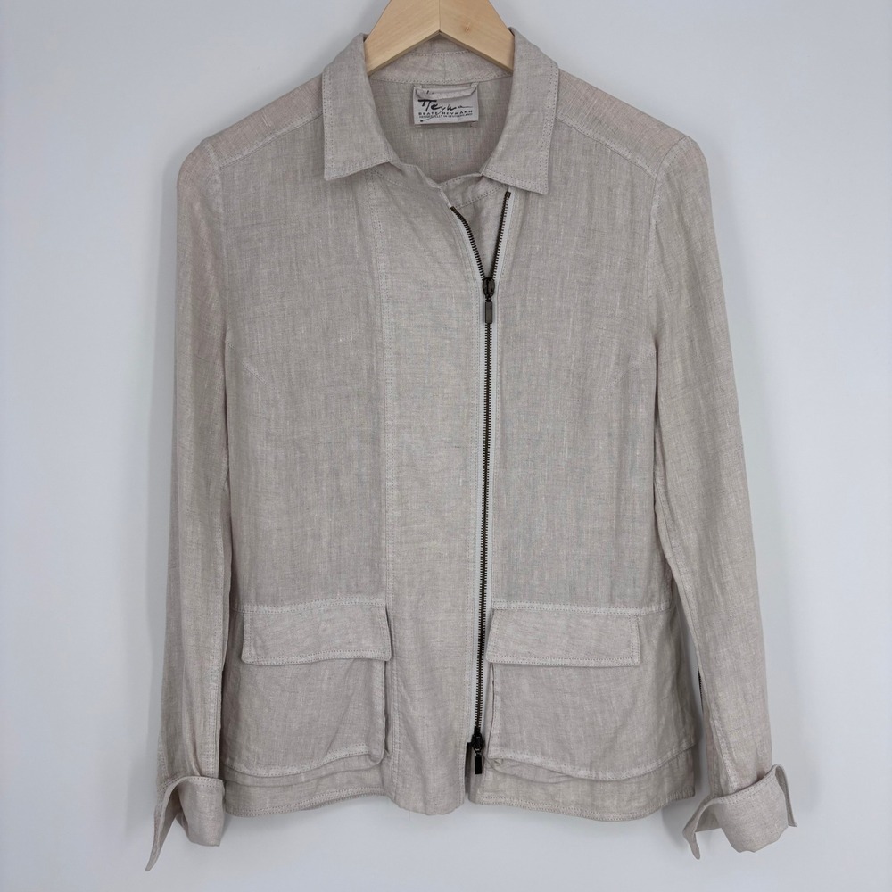 Beate Heymann Jacket Womens 10 Beige Linen Blend Asymmetric Zip Moto Lagenlook